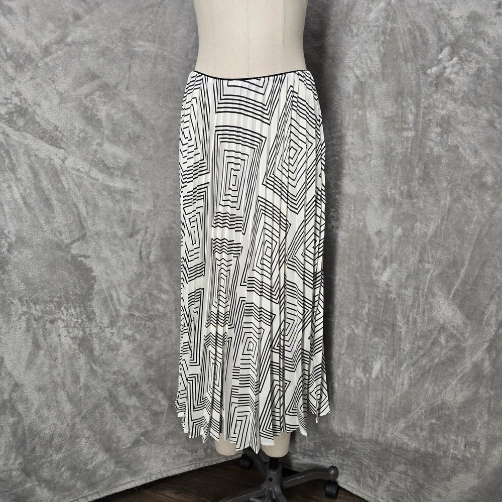 MNG Womens Geometric Pleated Midi‎ Skirt White Black Elastic Waist Size S Career